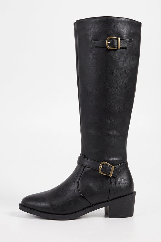 Women’s Winter Easy Wear Leather Knee High Boots with Buckle Detail