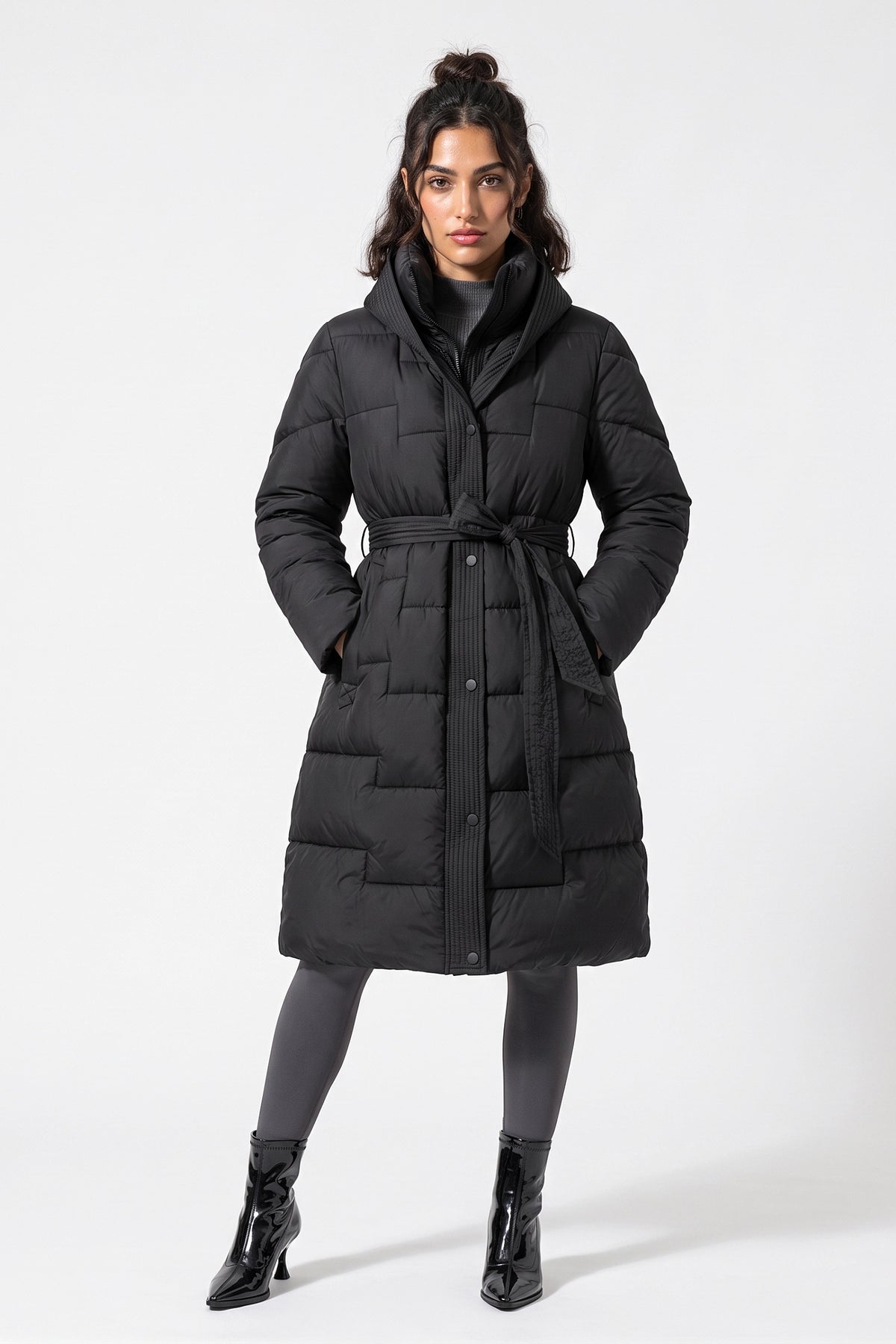 Women's Winter Warm Longline Puffer Coat with Hood and Waist Belt