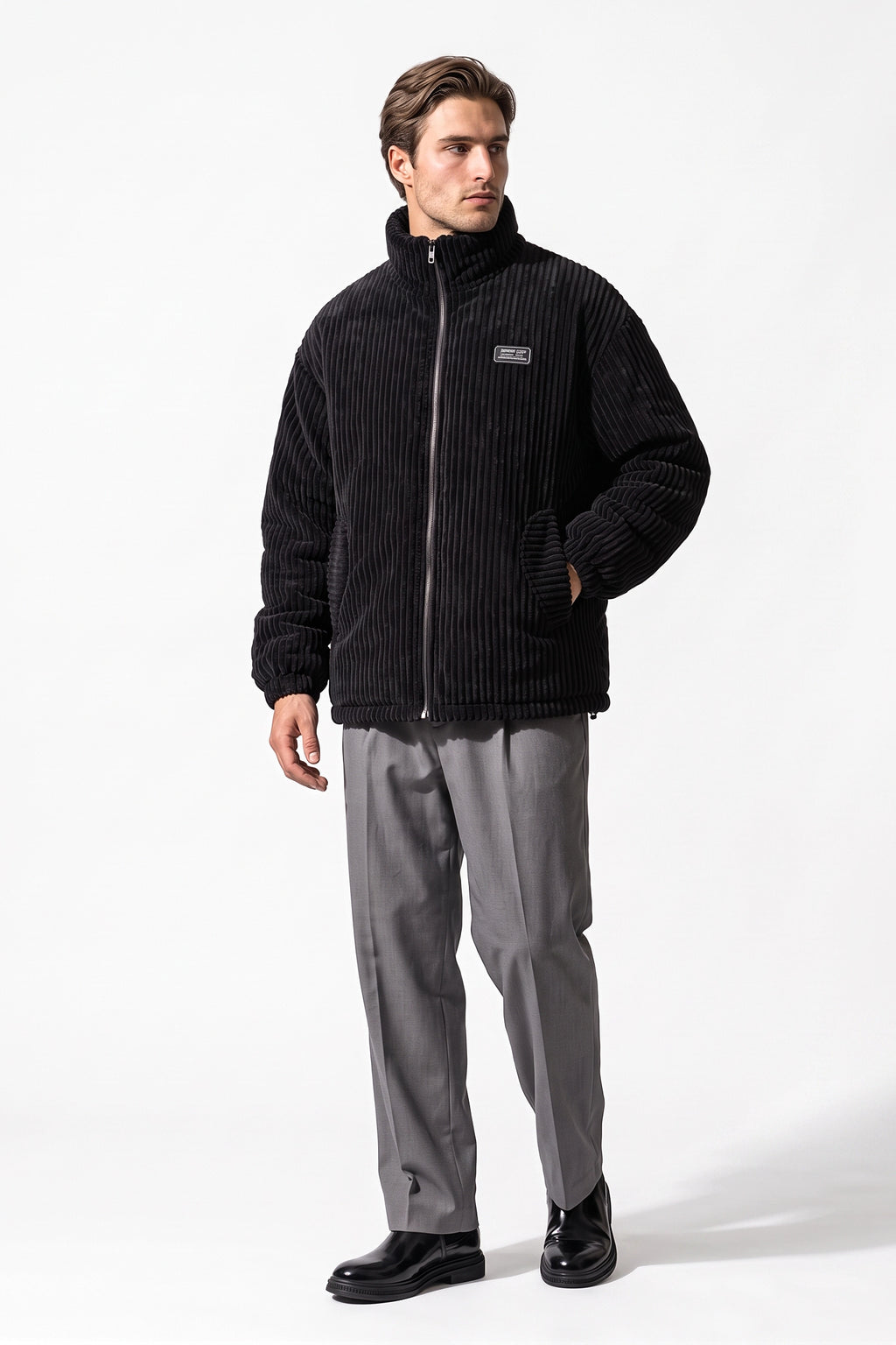 Men's Winter Warm Corduroy Padded Jacket with High Collar
