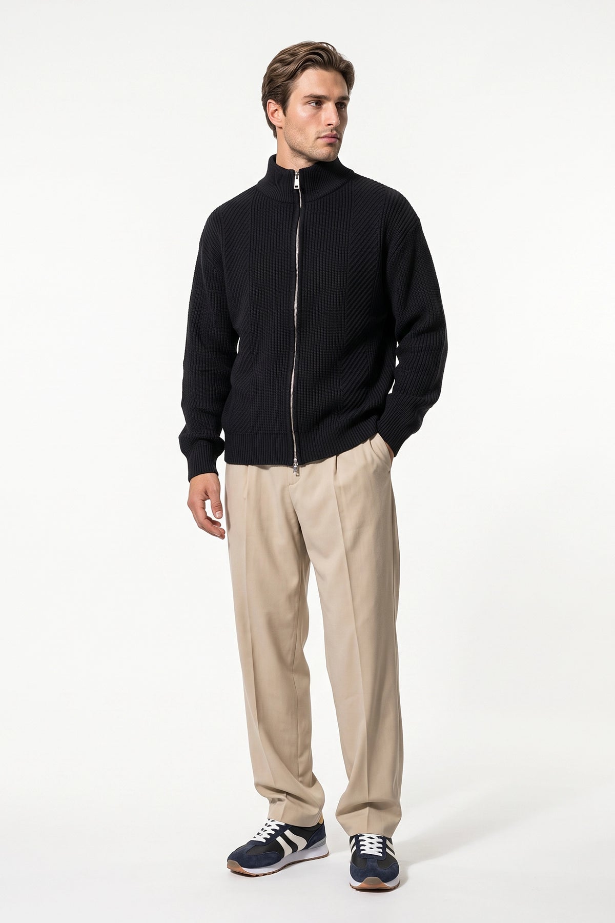 Men’s Winter Warm Textured Knitted Cardigan Stand Collar Full Zip