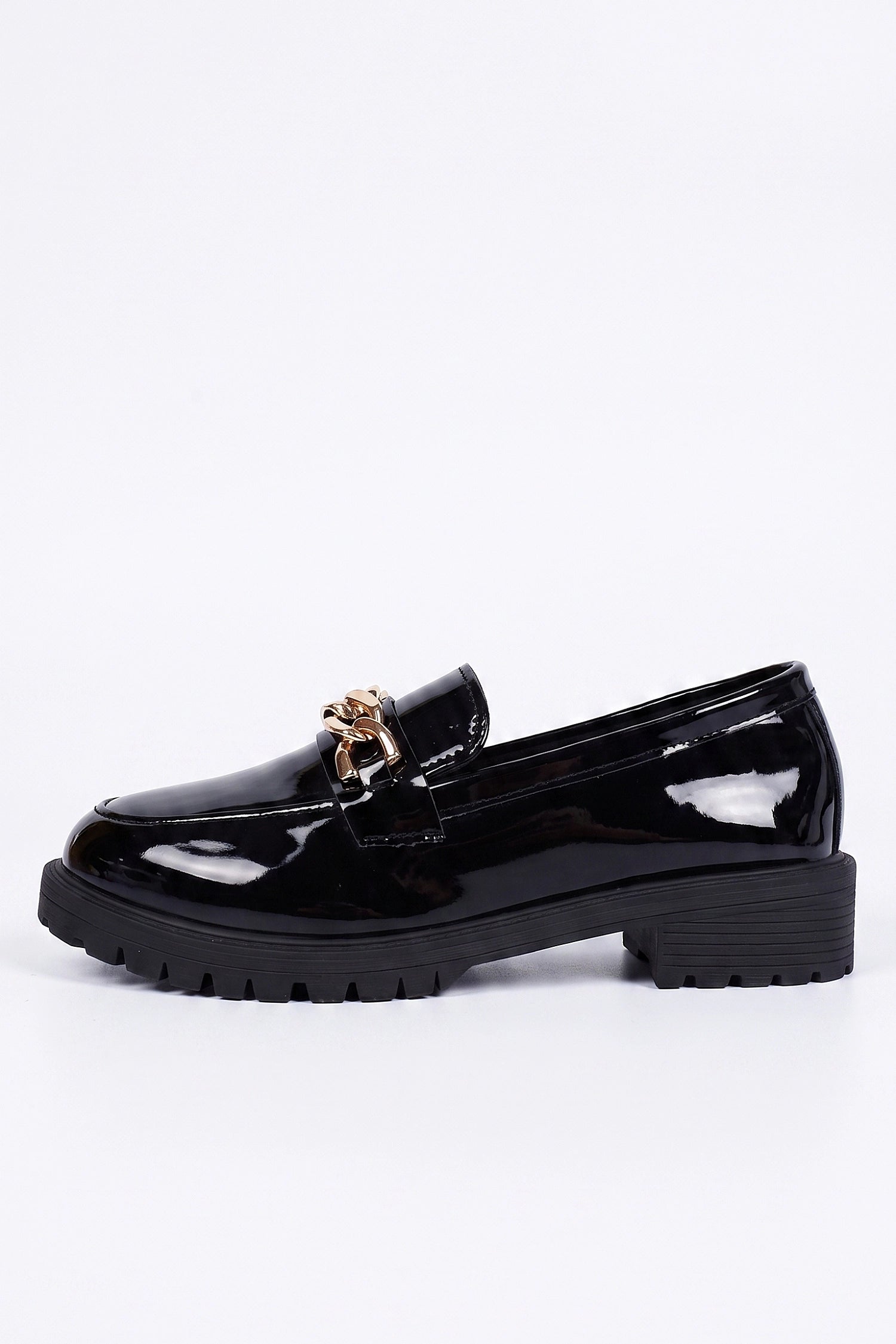 Women's Versatile Black Chunky Loafers Patent Leather with Gold Chain