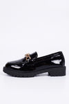 Women's Versatile Black Chunky Loafers Patent Leather with Gold Chain