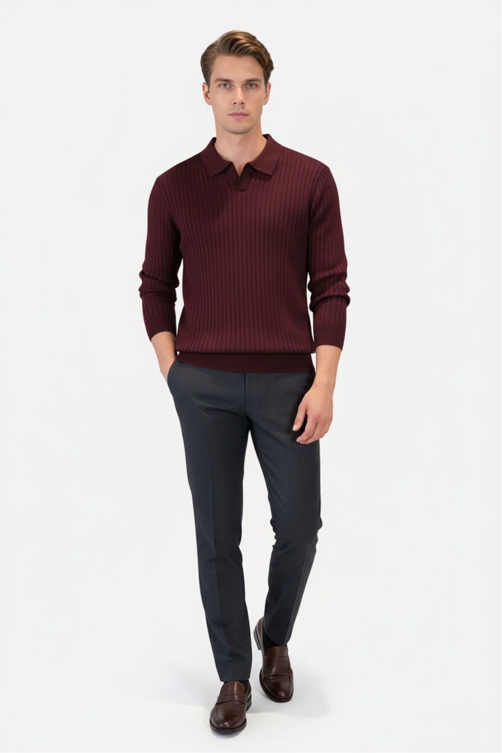 Caurelle | Men’s Knitted V-Neck Jumper – Polo Collar Autumn Winter