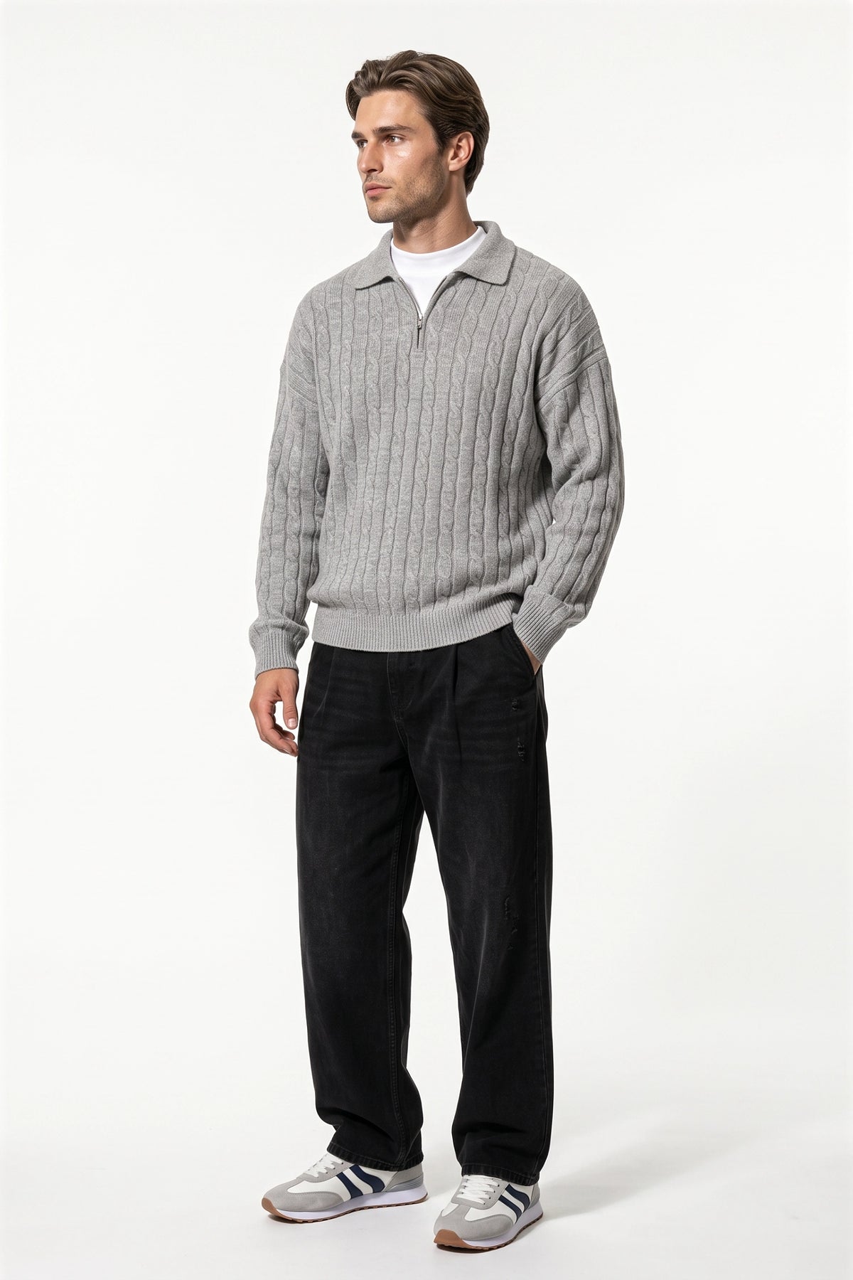 Men's Winter Warm Cable Knit Quarter Zip Polo Jumper