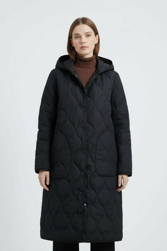 Caurelle | Women’s Black Long Quilted Puffer Coat – Refined Warmth in Classic Form