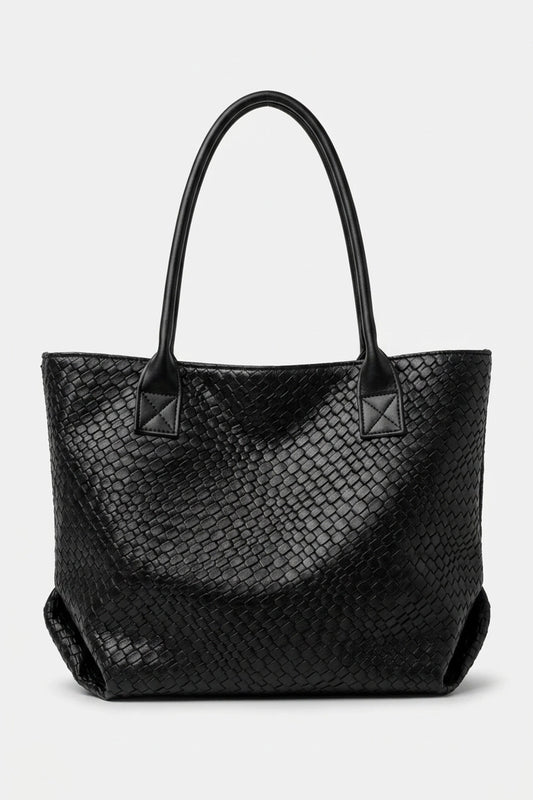 Women’s Spacious Woven Black Leather Tote Bag Large Shoulder Handles