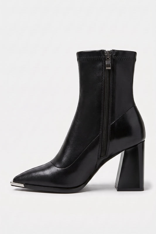 Women's Winter Block Heel Pointed Toe Leather Ankle Boots