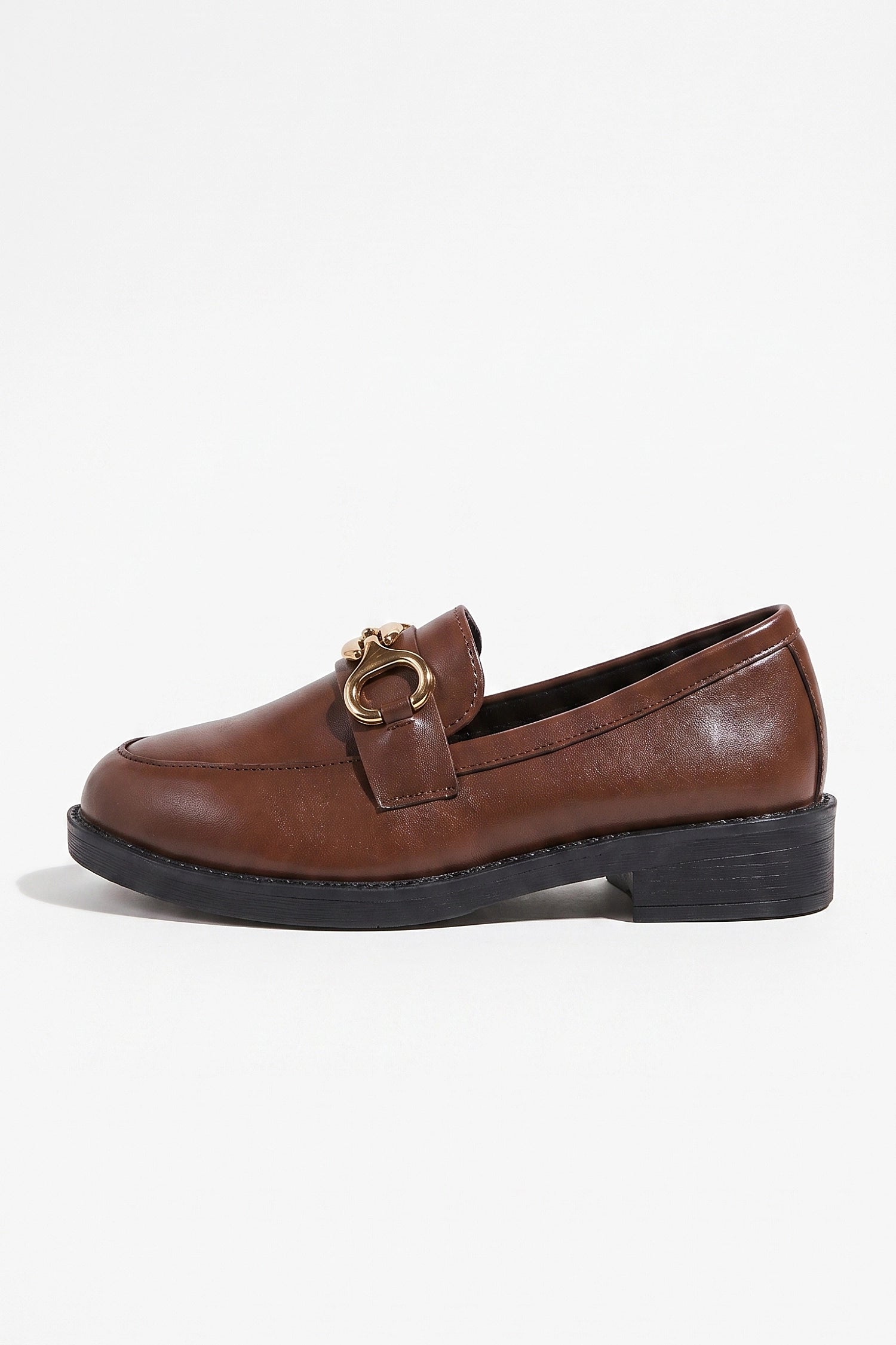 Women's Polished Brown Loafers Classic Leather with Gold Horsebit