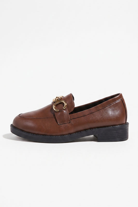 Women's Polished Brown Loafers Classic Leather with Gold Horsebit