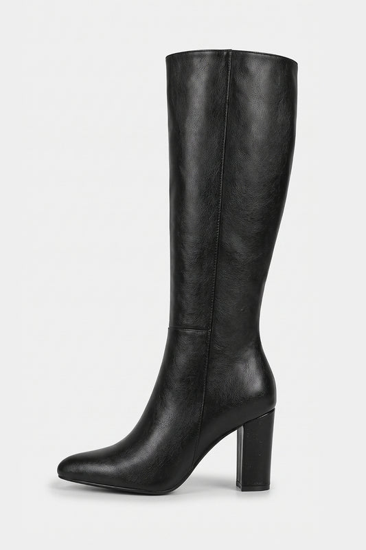 Women’s Winter Versatile Black Leather Knee High Boots with Block Heel