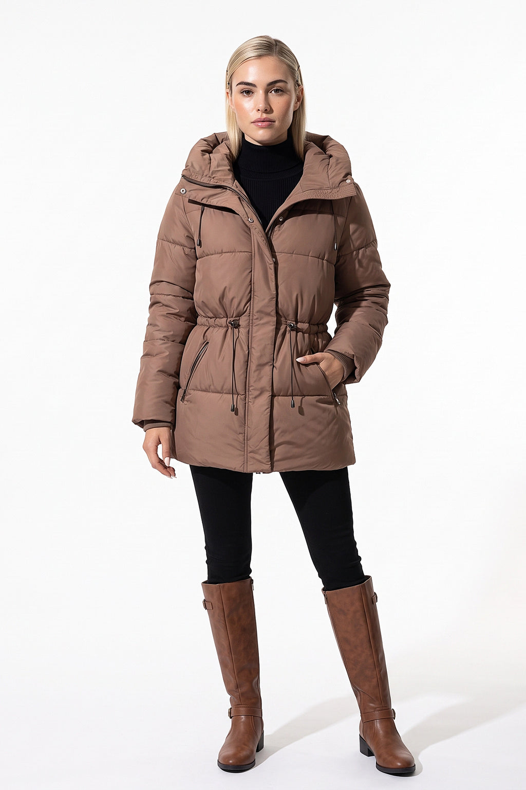 Women’s Winter Warm Hooded Long Puffer Jacket with Adjustable Waist