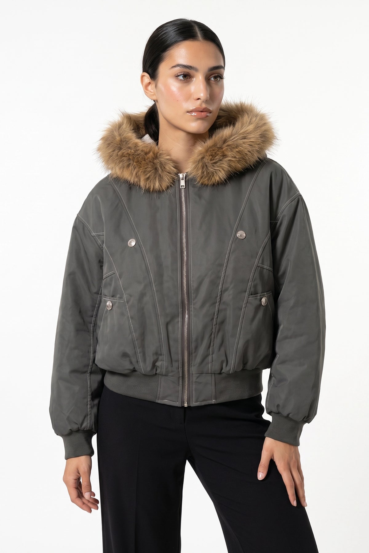 Women's Winter Warm Fleece Lined Bomber Jacket with Faux Fur Hood