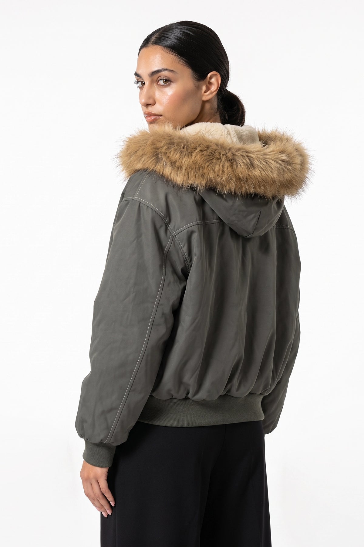 Women's Winter Warm Fleece Lined Bomber Jacket with Faux Fur Hood