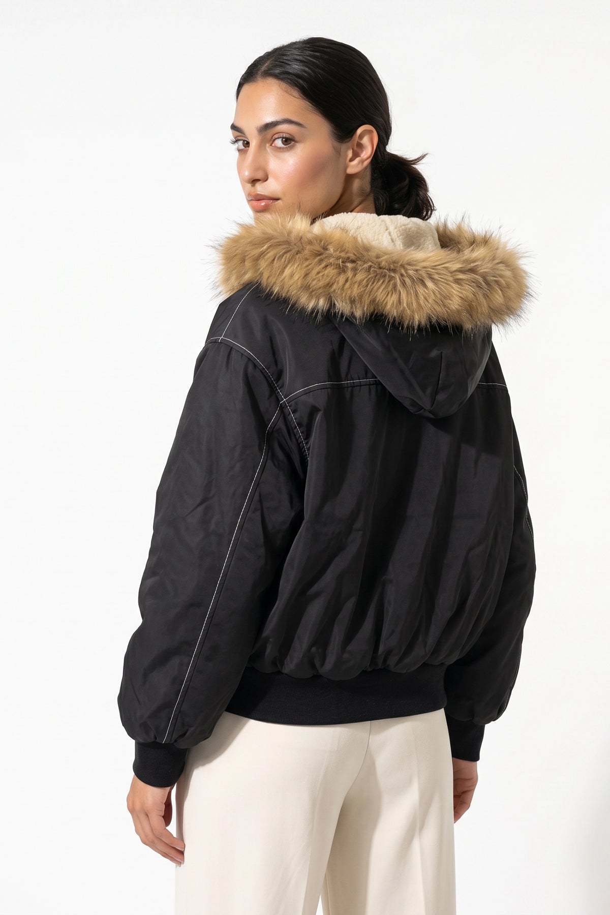 Women's Winter Warm Fleece Lined Bomber Jacket with Faux Fur Hood