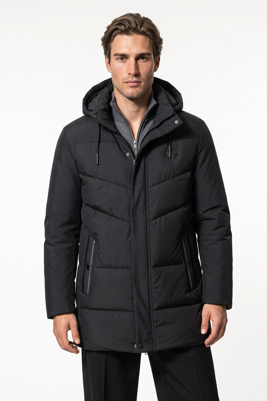 Men’s Winter Warm Longline Puffer Coat with Hood and High Collar