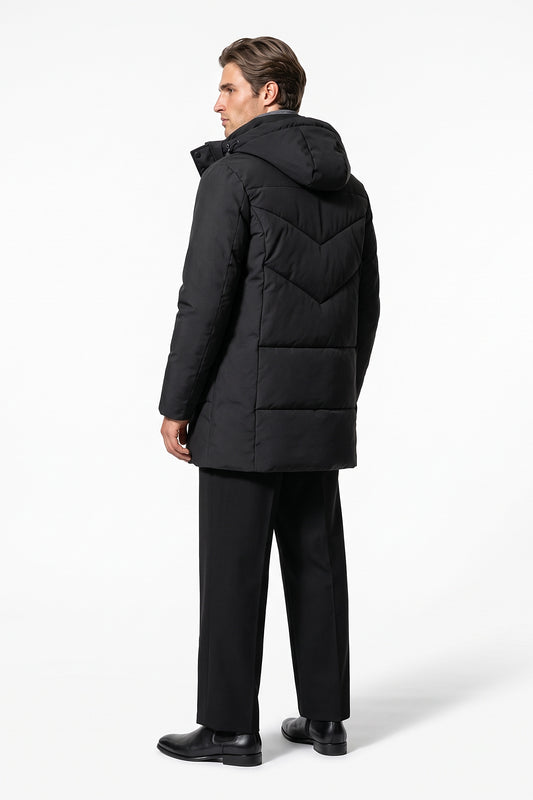 Men’s Winter Warm Longline Puffer Coat with Hood and High Collar