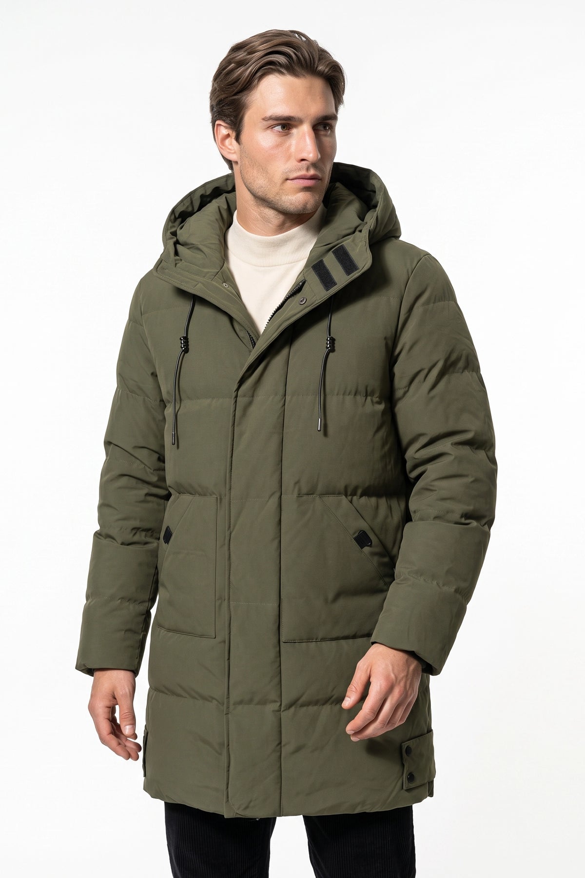 Men’s Winter Warm Longline Puffer Coat with Hood and Full Zip