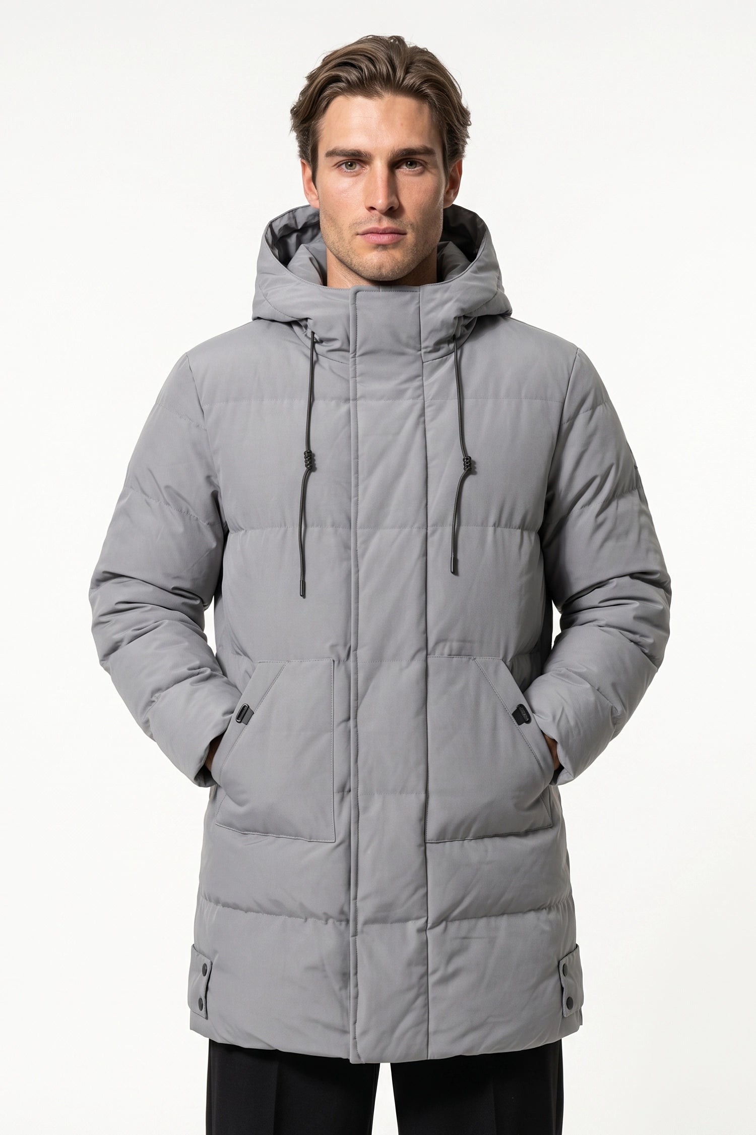 Men’s Winter Warm Longline Puffer Coat with Hood and Full Zip