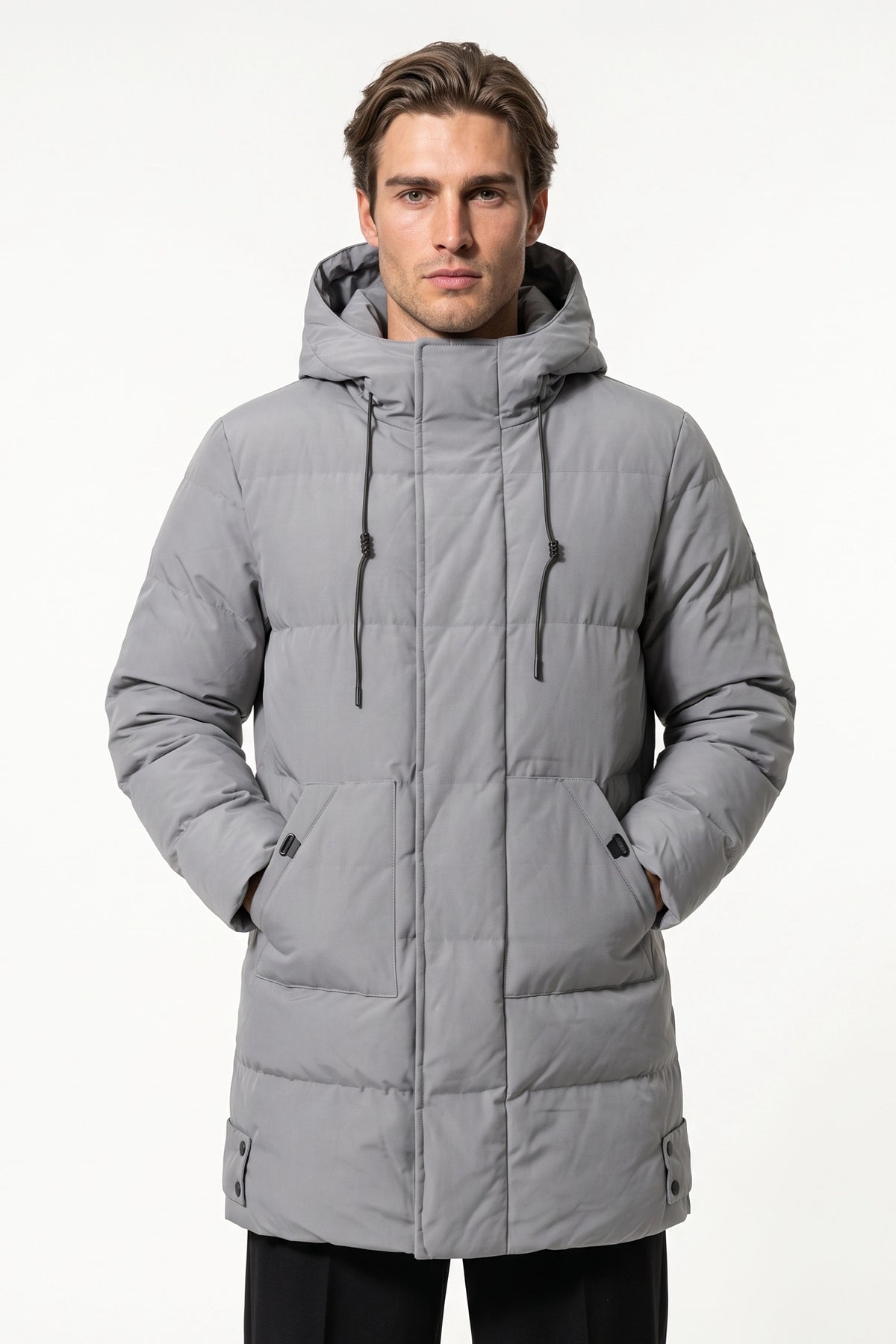 Men’s Winter Warm Longline Puffer Coat with Hood and Full Zip
