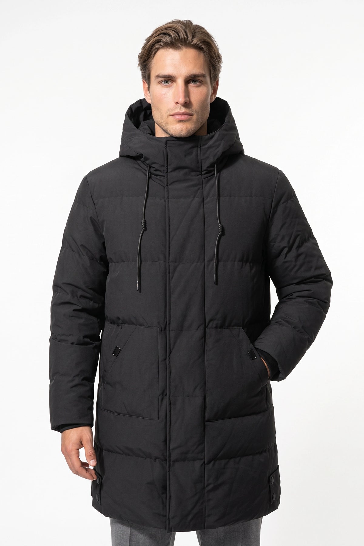 Men’s Winter Warm Longline Puffer Coat with Hood and Full Zip