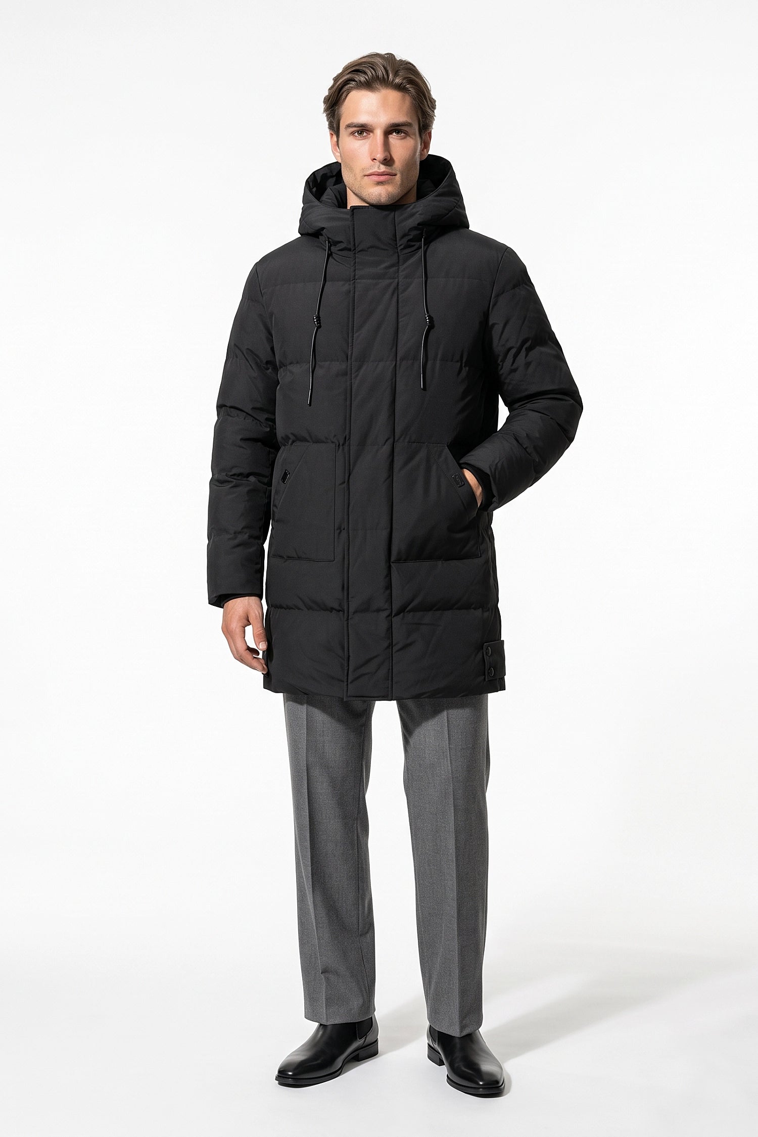Men’s Winter Warm Longline Puffer Coat with Hood and Full Zip