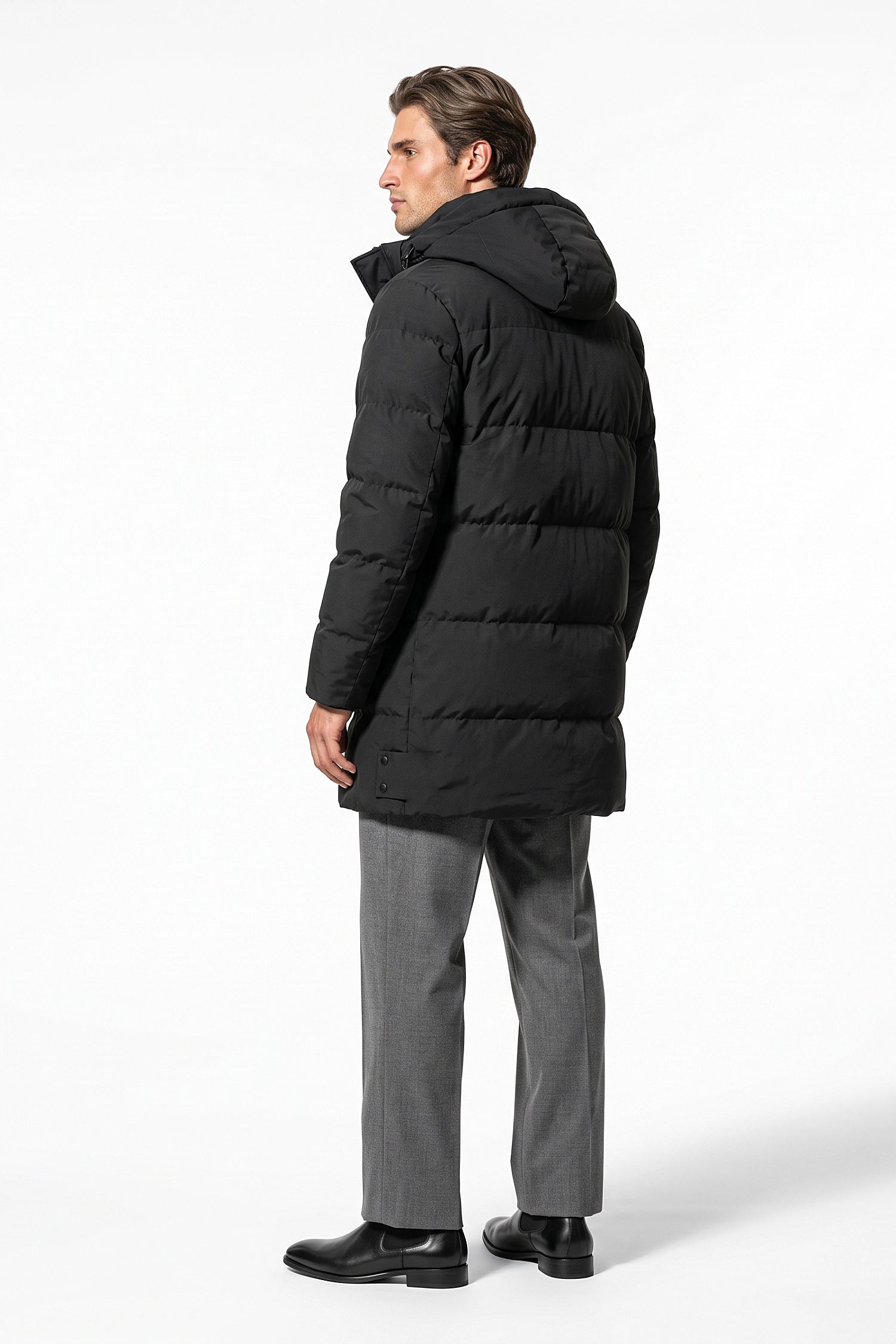 Men’s Winter Warm Longline Puffer Coat with Hood and Full Zip