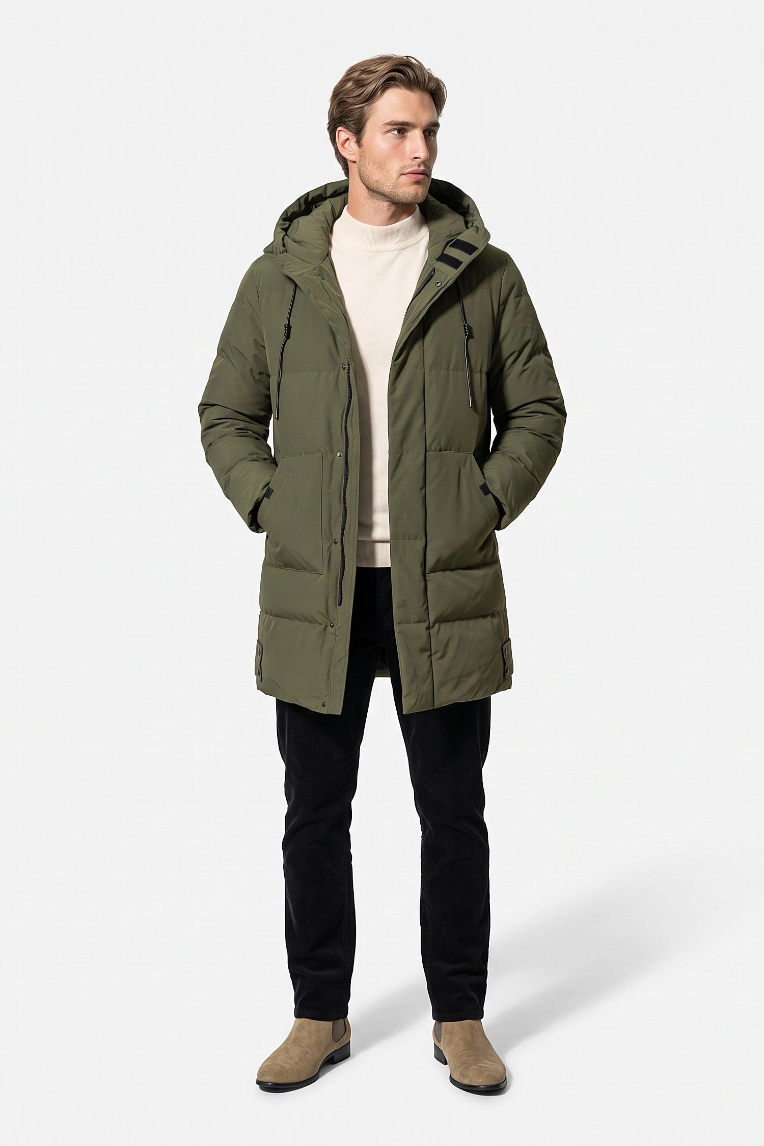 Men’s Winter Warm Longline Puffer Coat with Hood and Full Zip