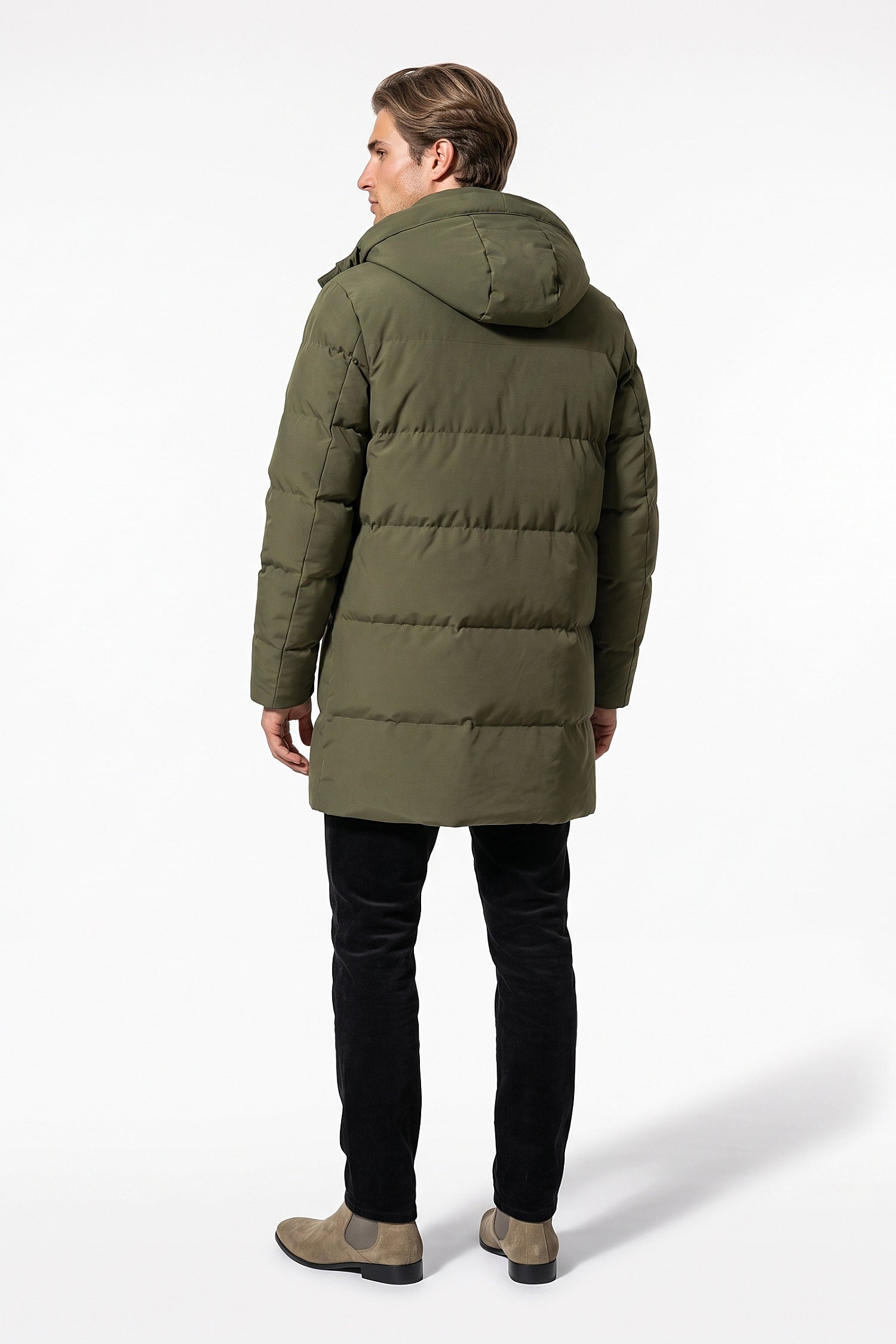 Men’s Winter Warm Longline Puffer Coat with Hood and Full Zip