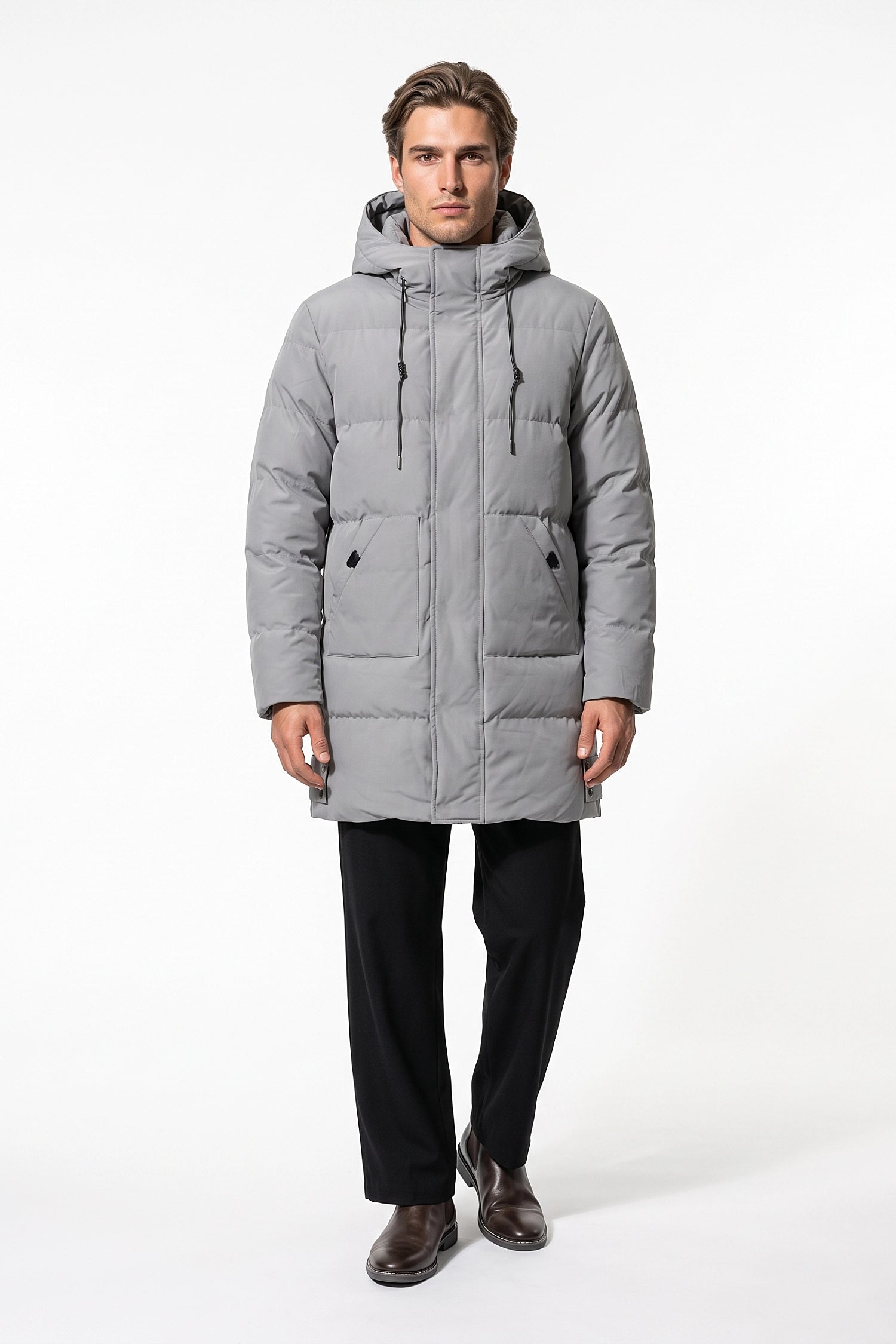 Men’s Winter Warm Longline Puffer Coat with Hood and Full Zip