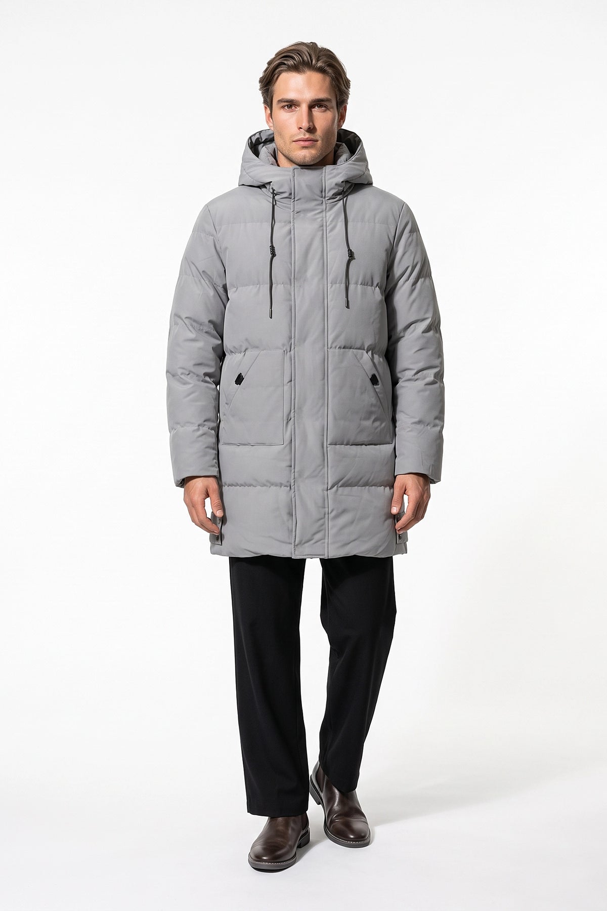Men’s Winter Warm Longline Puffer Coat with Hood and Full Zip