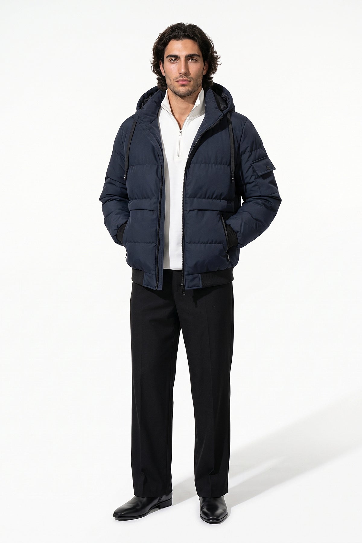 Men’s Winter Warm Navy Blue Hooded Puffer Jacket Detachable Hood Zip Pockets