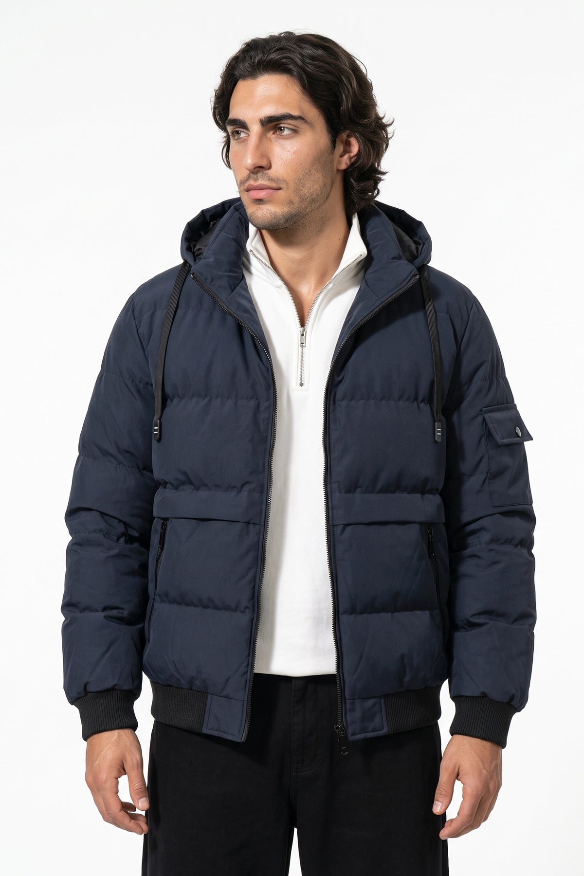 Men’s Winter Warm Navy Blue Hooded Puffer Jacket Detachable Hood Zip Pockets