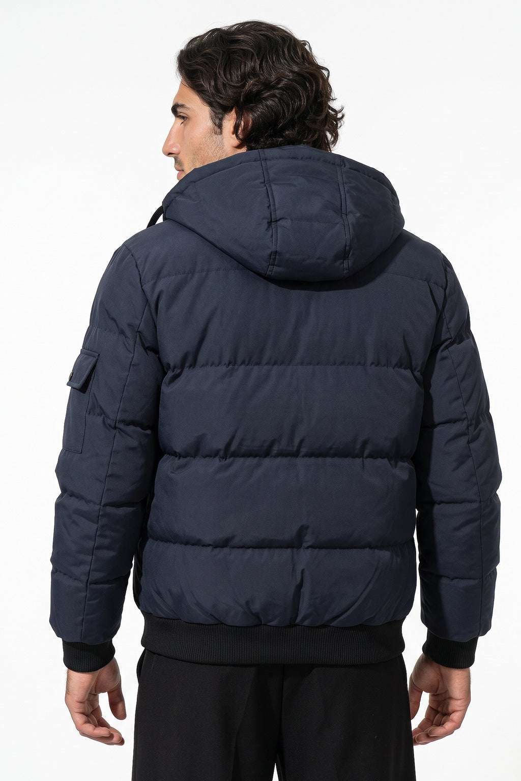 Men’s Winter Warm Navy Blue Hooded Puffer Jacket Detachable Hood Zip Pockets