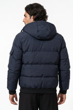 Men’s Winter Warm Navy Blue Hooded Puffer Jacket Detachable Hood Zip Pockets