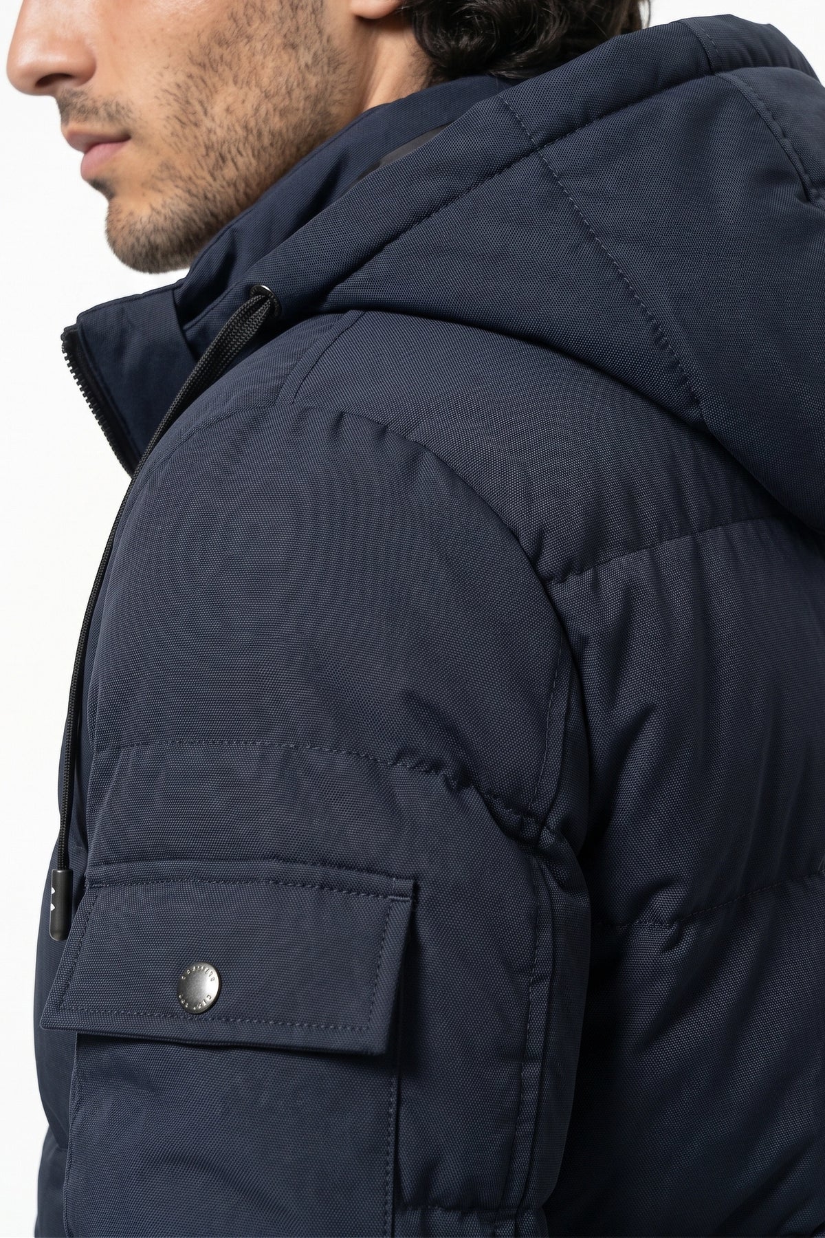 Men’s Winter Warm Navy Blue Hooded Puffer Jacket Detachable Hood Zip Pockets
