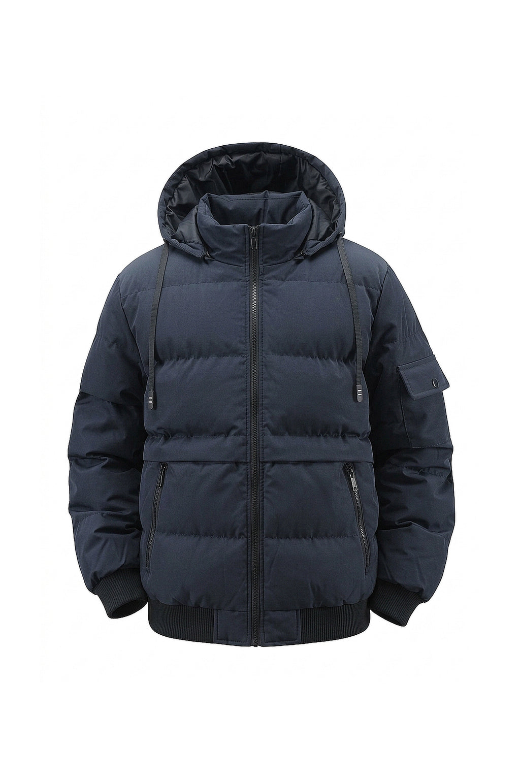 Men’s Winter Warm Navy Blue Hooded Puffer Jacket Detachable Hood Zip Pockets