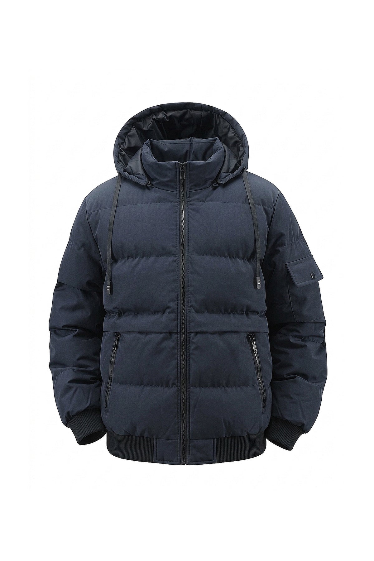 Men’s Winter Warm Navy Blue Hooded Puffer Jacket Detachable Hood Zip Pockets