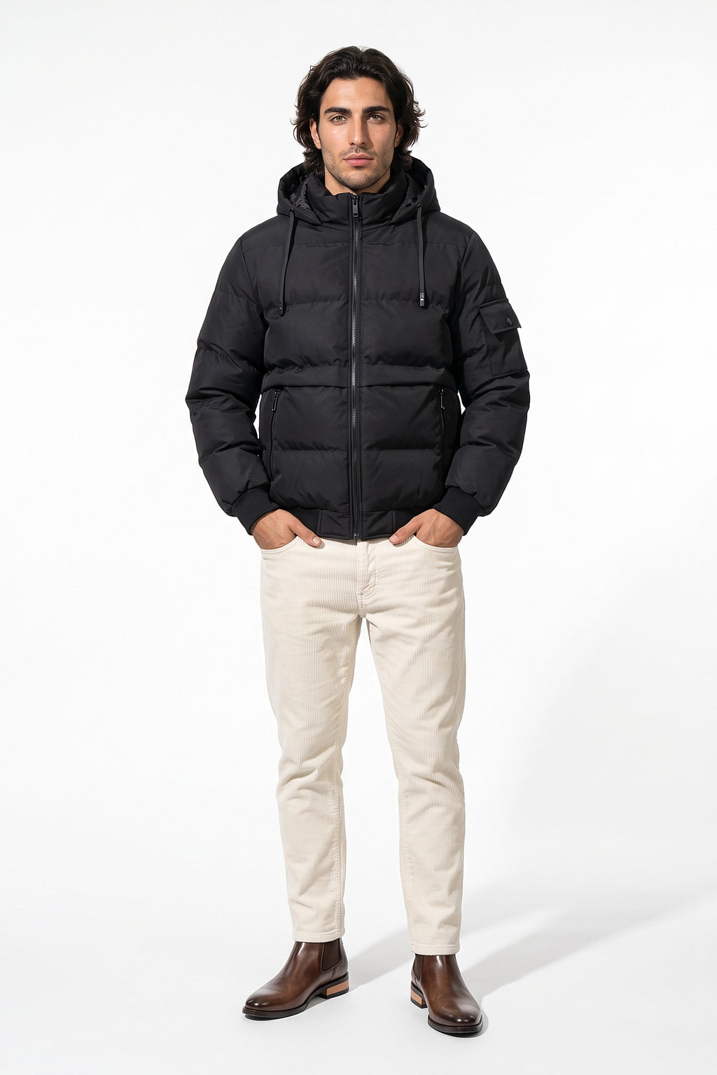 Men’s Winter Warm Black Hooded Puffer Jacket Detachable Hood Zip Pockets