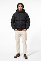 Men’s Winter Warm Black Hooded Puffer Jacket Detachable Hood Zip Pockets