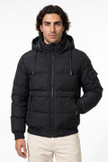 Men’s Winter Warm Black Hooded Puffer Jacket Detachable Hood Zip Pockets