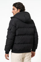 Men’s Winter Warm Black Hooded Puffer Jacket Detachable Hood Zip Pockets