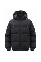 Men’s Winter Warm Black Hooded Puffer Jacket Detachable Hood Zip Pockets