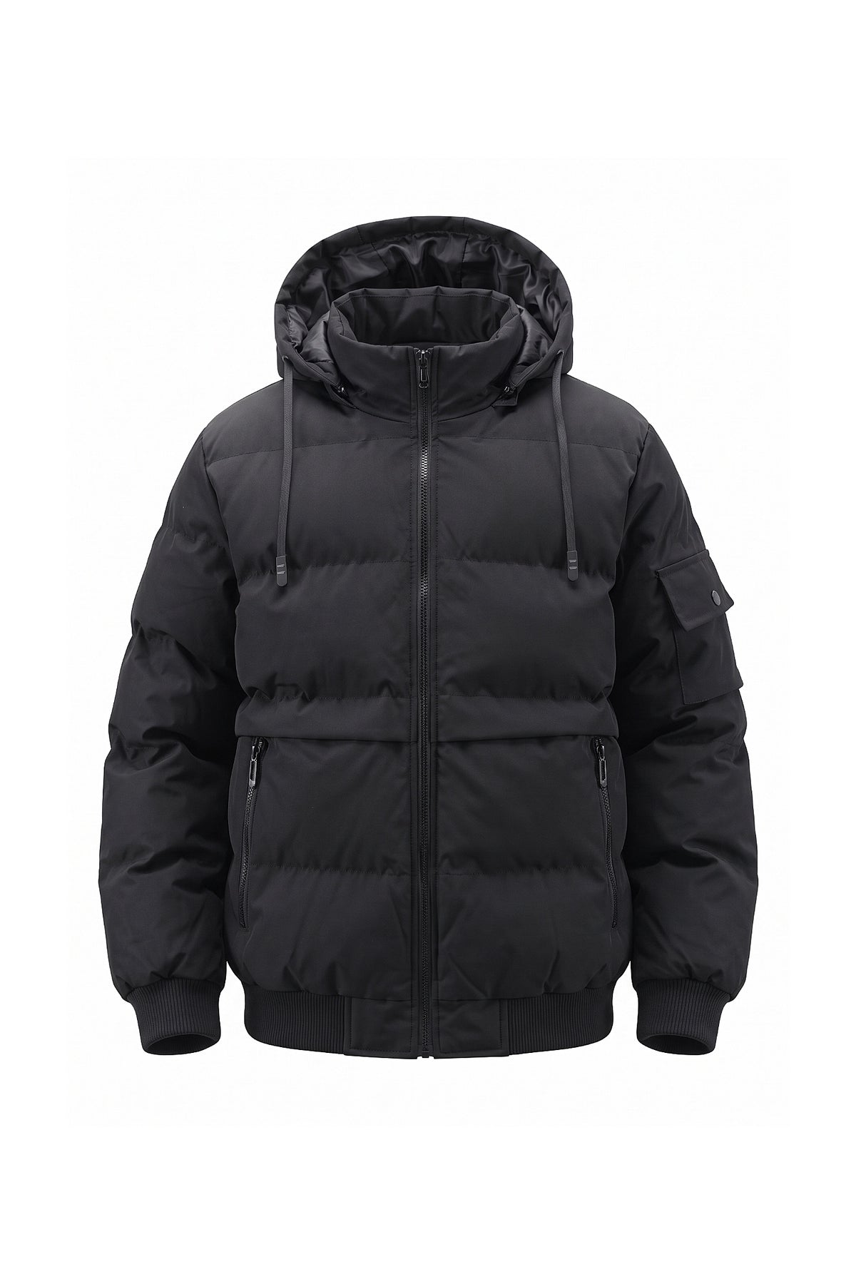 Men’s Winter Warm Black Hooded Puffer Jacket Detachable Hood Zip Pockets