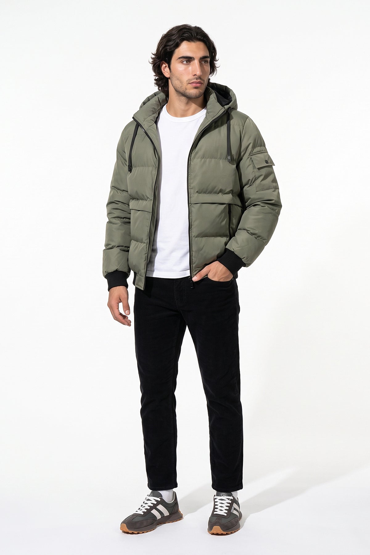 Men’s Winter Warm Green Hooded Puffer Jacket Detachable Hood Zip Pockets