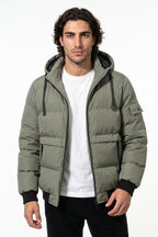 Men’s Winter Warm Green Hooded Puffer Jacket Detachable Hood Zip Pockets