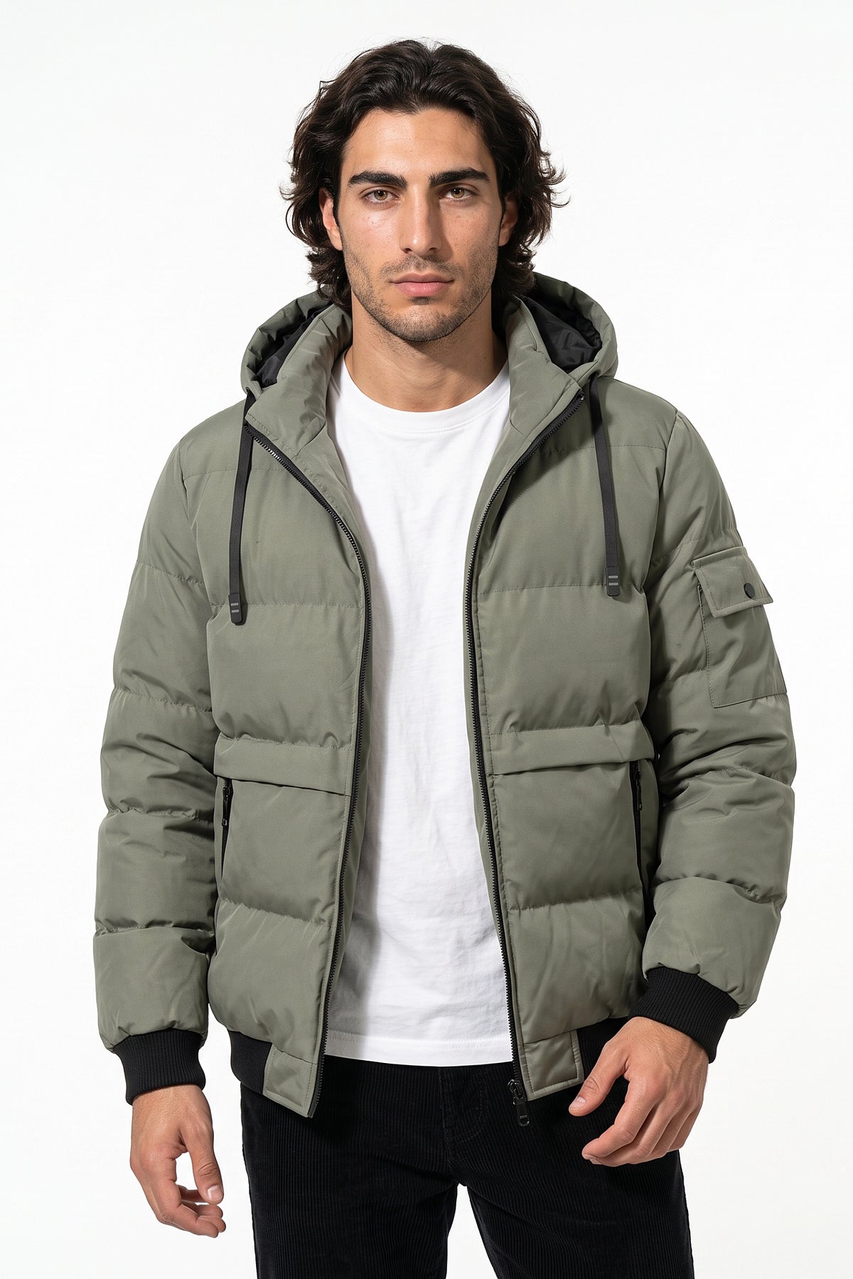 Men’s Winter Warm Green Hooded Puffer Jacket Detachable Hood Zip Pockets