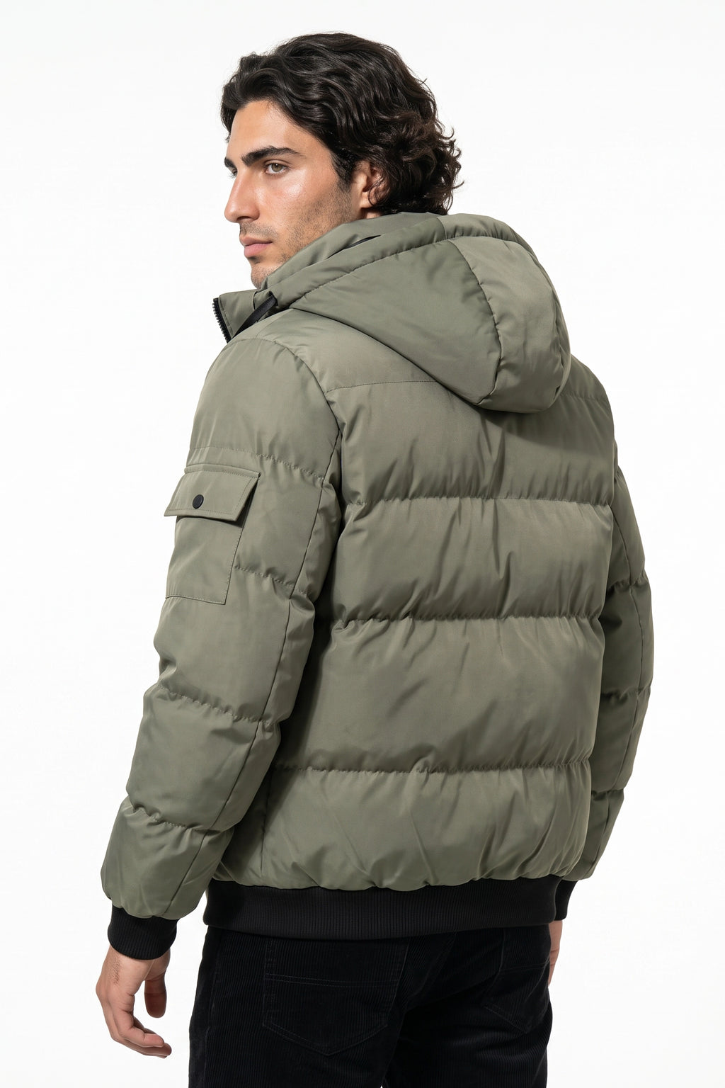 Men’s Winter Warm Green Hooded Puffer Jacket Detachable Hood Zip Pockets