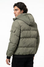 Men’s Winter Warm Green Hooded Puffer Jacket Detachable Hood Zip Pockets
