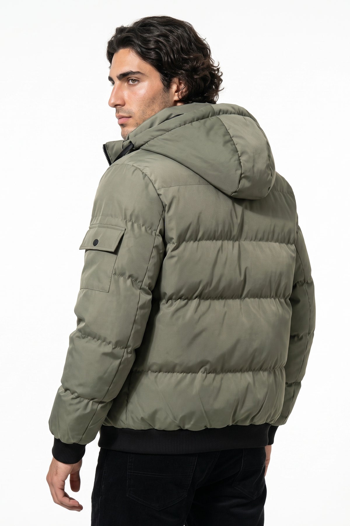 Men’s Winter Warm Green Hooded Puffer Jacket Detachable Hood Zip Pockets