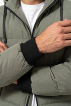 Men’s Winter Warm Green Hooded Puffer Jacket Detachable Hood Zip Pockets